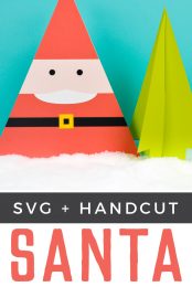 Image of a Santa and a tree cut from paper and advertisement for SVG + Handcut Santa Papercraft from HEYLETSMAKESTUFF.COM