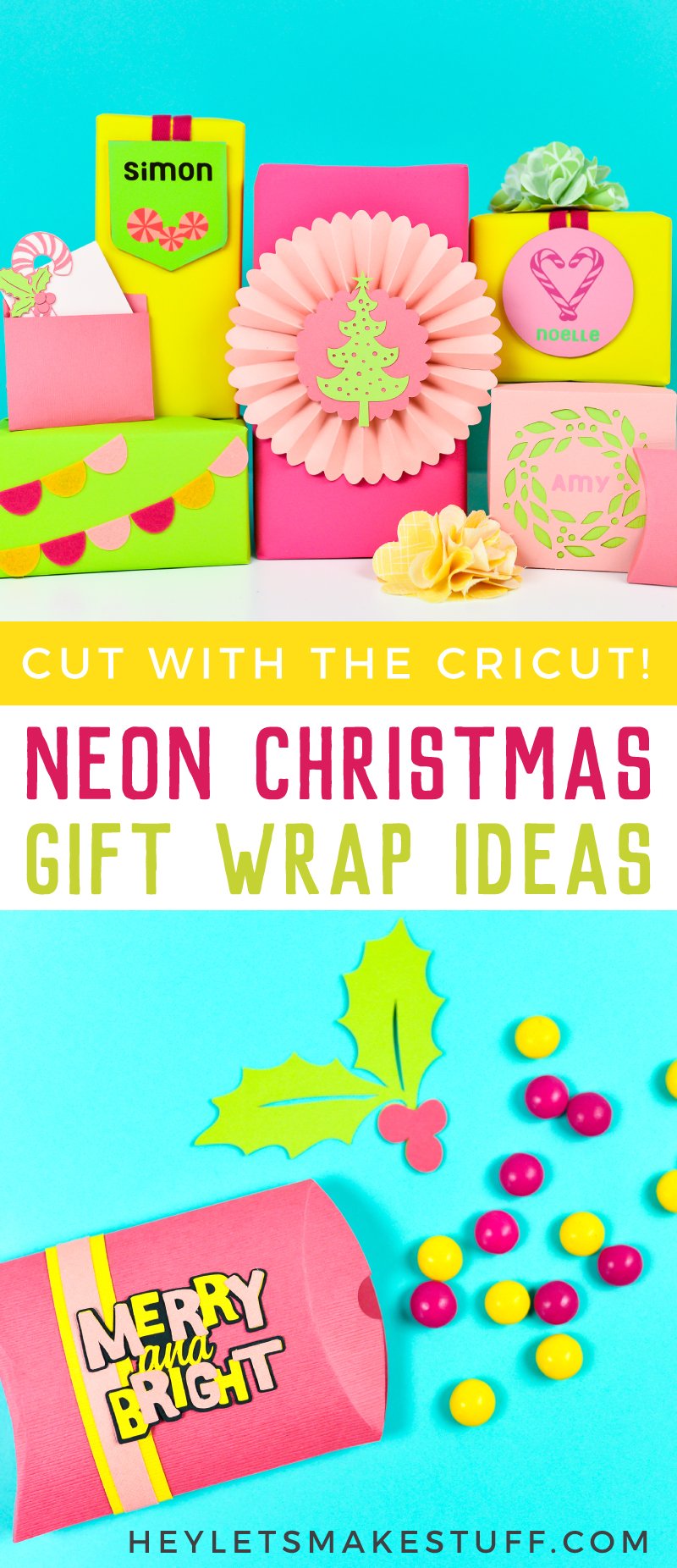 Images of Gift-wrapping ideas made with a Cricut machine with advertising by HEYLETSMAKESTUFF.COM for Neon Christmas Gift Wrap Ideas