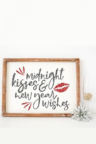 "Midnight Kisses & New Year Wishes" design in a wooden frame