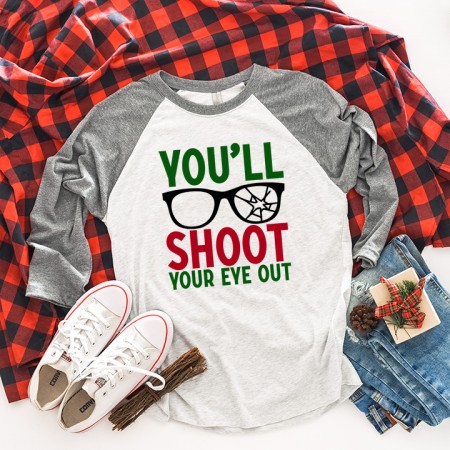 White and gray baseball style shirt that says You'll Shoot Your Eye Out