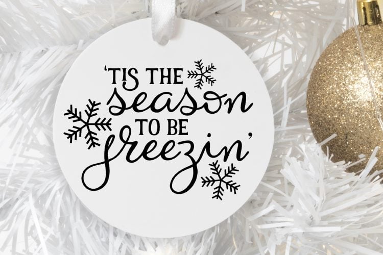 \"\'Tis the Season to be freezing\" image on a round white ornament next to a gold glittered ornament both hanging on a white Christmas Tree