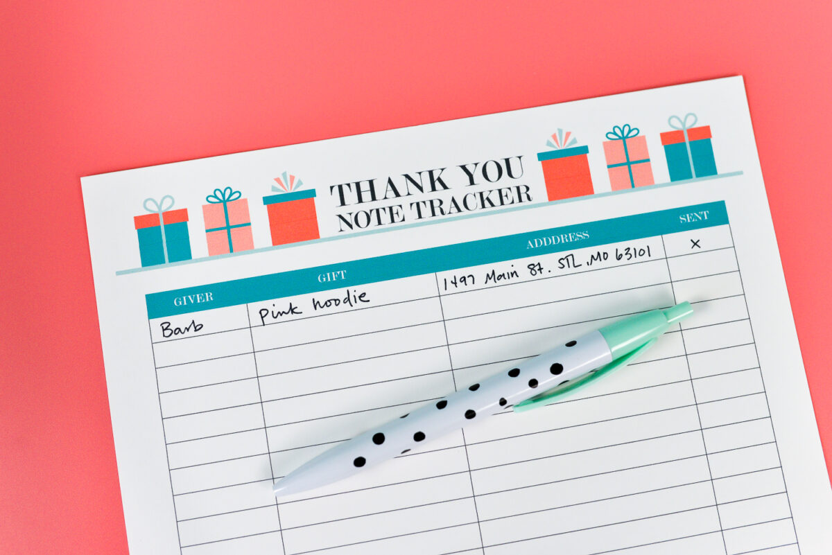 Printable Thank You Note Tracker