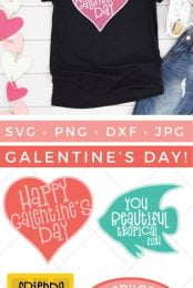 A banner of hearts and a pair of blue jeans and tennis shoes along with a black t-shirt with a pink heart design and the saying, "Happy Galentine's Day" with advertising for four cut files that say, "You Beautiful Tropical Fish", "Happy Galentine's Day", "Friends Waffles Work" and "Uteruses Before Duderuses" from HEYLETSMAKESTUFF.COM