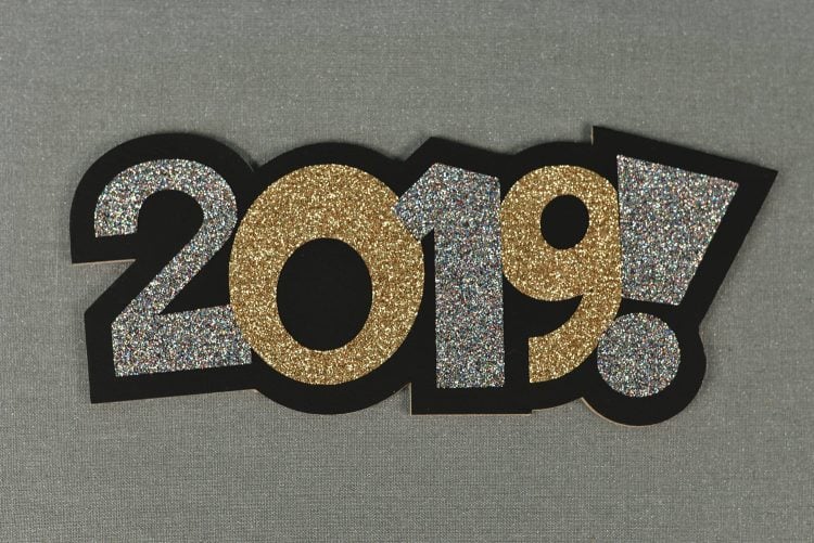 Close up of an image of the year 2019 cut from chipboard and vinyl