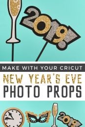Images of a clock, a mask, a glass of champagne and the year 2019 made from chipboard with advertising from HEYLETSMAKESTUFF.COM on New Year's Eve Photo Props to make with your Cricut