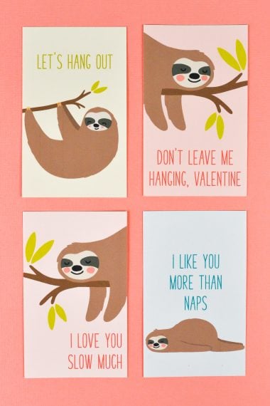 Four cards with images of a sloth on each one and the following sayings, "Don't Leave Me Hanging, Valentine", "I Love You More Than Naps", Let's Hang Out" and "I Love You Slow Much"