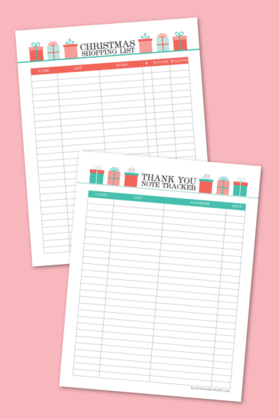 Thank you note tracker and christmas list tracker on a pink background