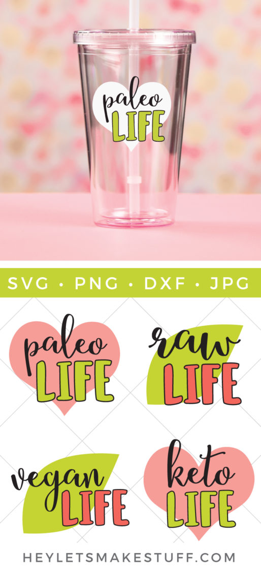 A pink table against a pink and yellow blurred background holding a clear plastic glass with a straw in it with a design on it that says, \"Paleo Life\" and four cut files that say, \"Paleo Life\", \"Raw Life\", \"Vegan Life\" and \"Keto Life\" with advertising from HEYLETSMAKESTUFF.COM