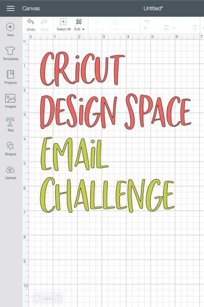 Image in Cricut Design Space of text that says, "Cricut Design Space Email Challenge"