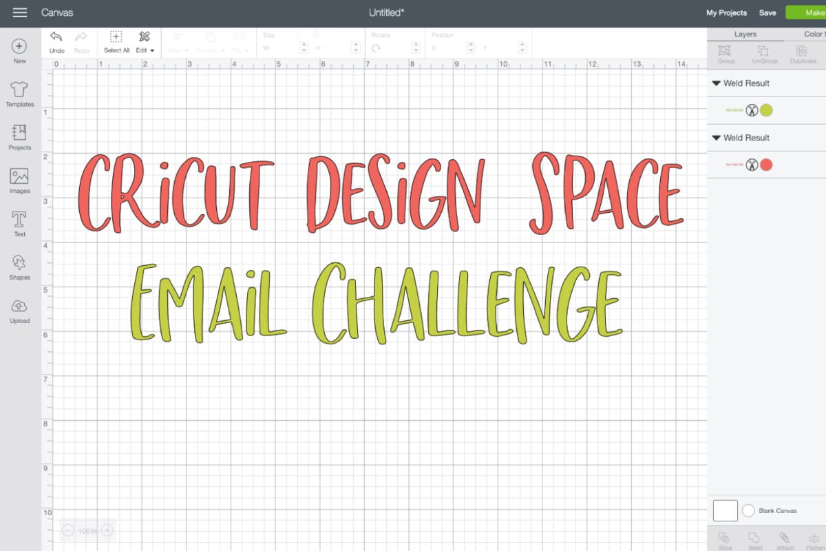 Close up of an image in Cricut Design Space of text that says, \"Cricut Design Space Email Challenge\"