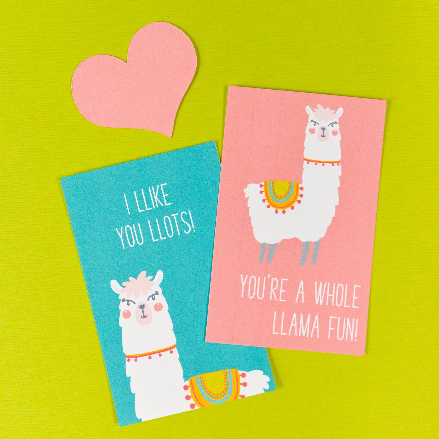 Llama Valentine\'s Day cards that say, \"You\'re a Whole Llama Fun\", and \"I Like You Llots!\"