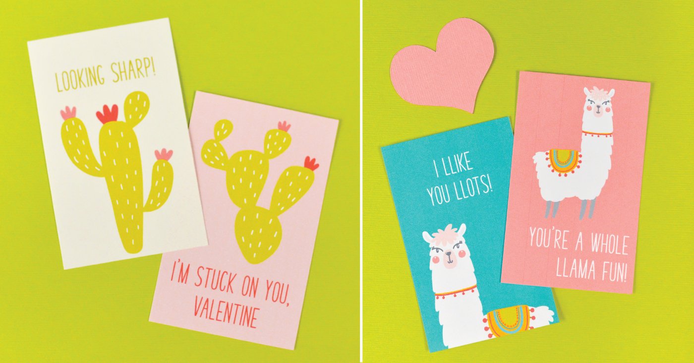 Close up of Cactus and Llama Valentine\'s Day cards that say, \"You\'re a Whole Llama Fun\", \"I\'m Stuck on You, Valentine\", \"Looking Sharp!\" and \"I Like You Llots!\"