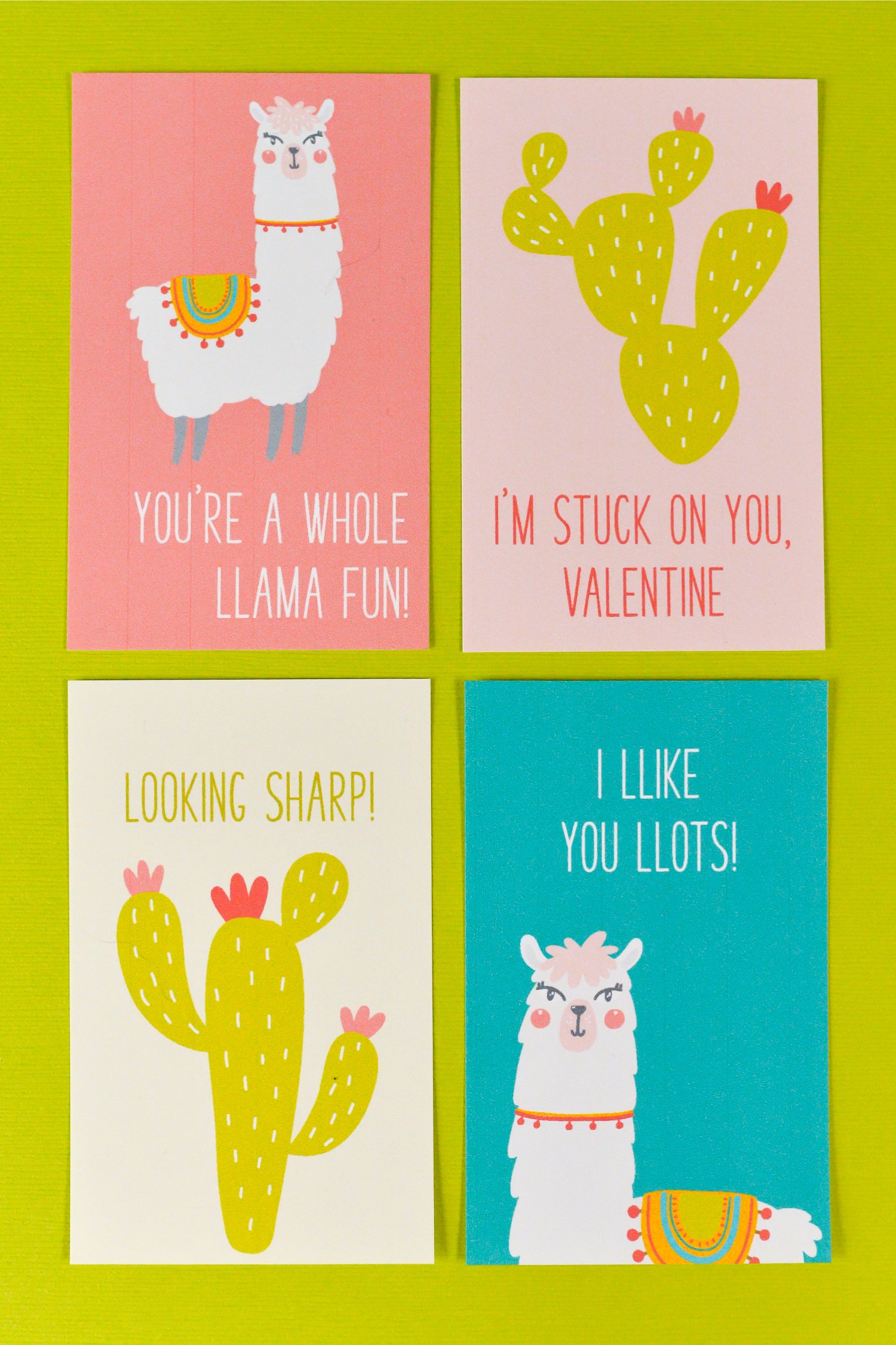 Cactus and Llama Valentine\'s Day cards that say, \"You\'re a Whole Llama Fun\", \"I\'m Stuck on You, Valentine\", \"Looking Sharp!\" and \"I Like You Llots!\"