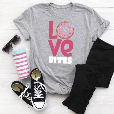 Gray t-shirt that says, Love Bites