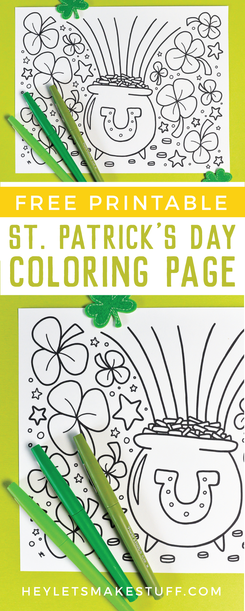 This free printable St. Patrick's Day coloring page is so lucky! A shower of of clovers and shamrocks around a festive pot of gold with a rainbow! Great for celebrating St. Patrick's Day. Print it out for free!