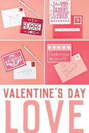 Images of Valentine's Day cards and envelopes with advertising from HEYLETSMAKESTUFF.COM for Valentine's Day Love Letters with the Cricut