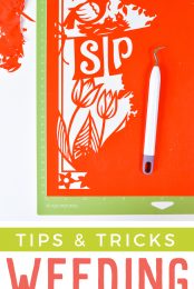 Image of a green Cricut mat with a piece of red vinyl design on it and the Cricut weeding tool and advertising from HEYLETSMAKESTUFF.COM for Tips & Tricks - Weeding Iron On Vinyl