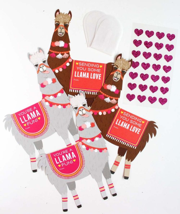 Images of four llama Valentine cards