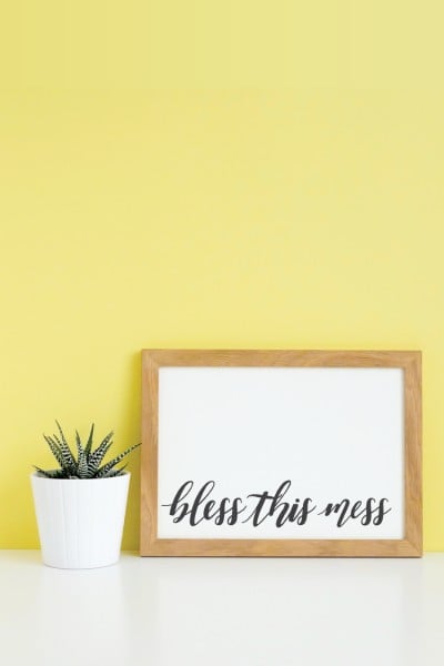 A potted plant sitting against a yellow wall and next to a wooden framed sign that says, "Bless this mess"