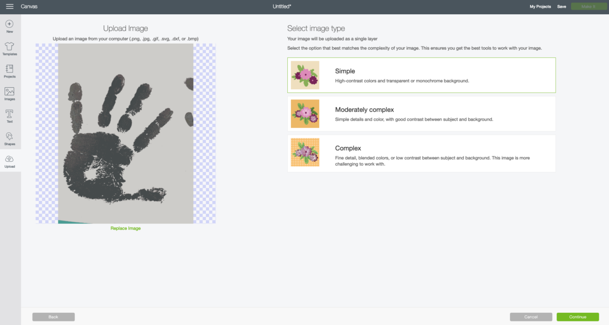 Handprint Craft with the Cricut—Upload your image to Cricut Design Space