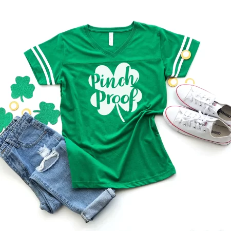 Dark green t-shirt with a shamrock on it that says Pinch Proof