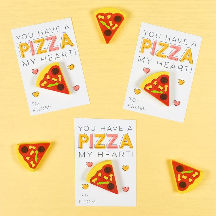 These delicious printable Pizza Valentines Day Cards are the perfect Valentine treat or party favor! Just print, add a cute novelty pizza eraser, and you're ready to go—you can make them in less than 10 minutes!