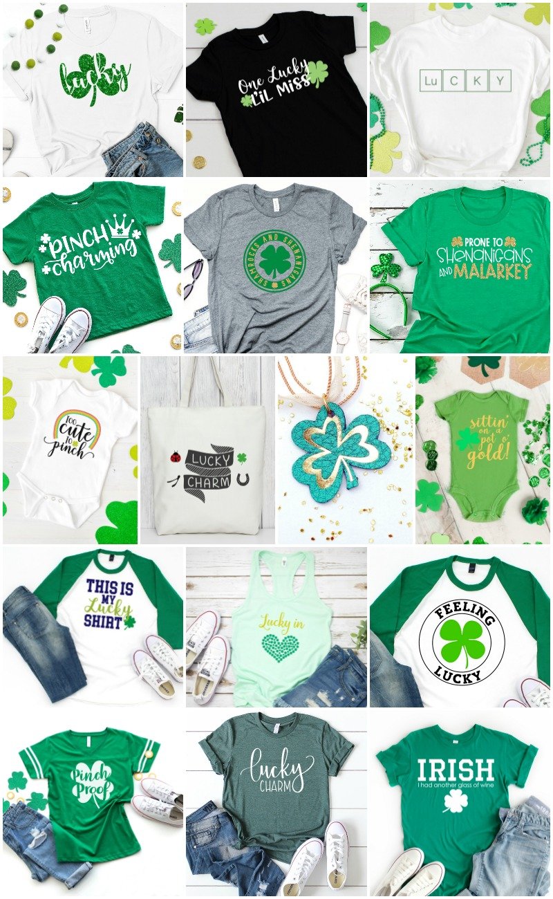 15 images of St. Patrick\'s Day designs on shirts, onesies, a necklace and a tote bag