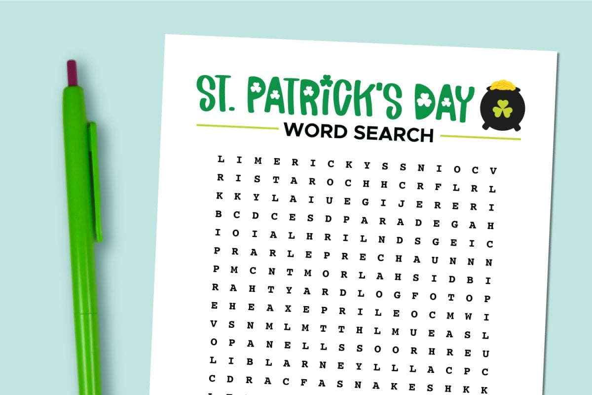 St. Patrick's Day Word Search on blue background with green pen.