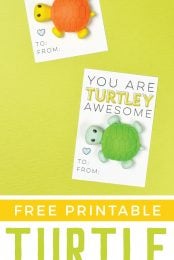 Image of two Valentine cards, one with a yellow and orange toy turtle attached to it and the other one with a green and blue toy turtle and both say, "You Are Turtley Awesome" and advertising for free printable turtle valentines from HEYLETSMAKESTUFF.COM