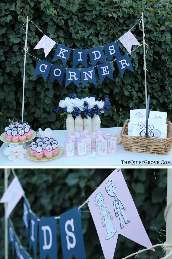 A table set up with party favors and a banner above it that says, \"Kid\'s Corner\"