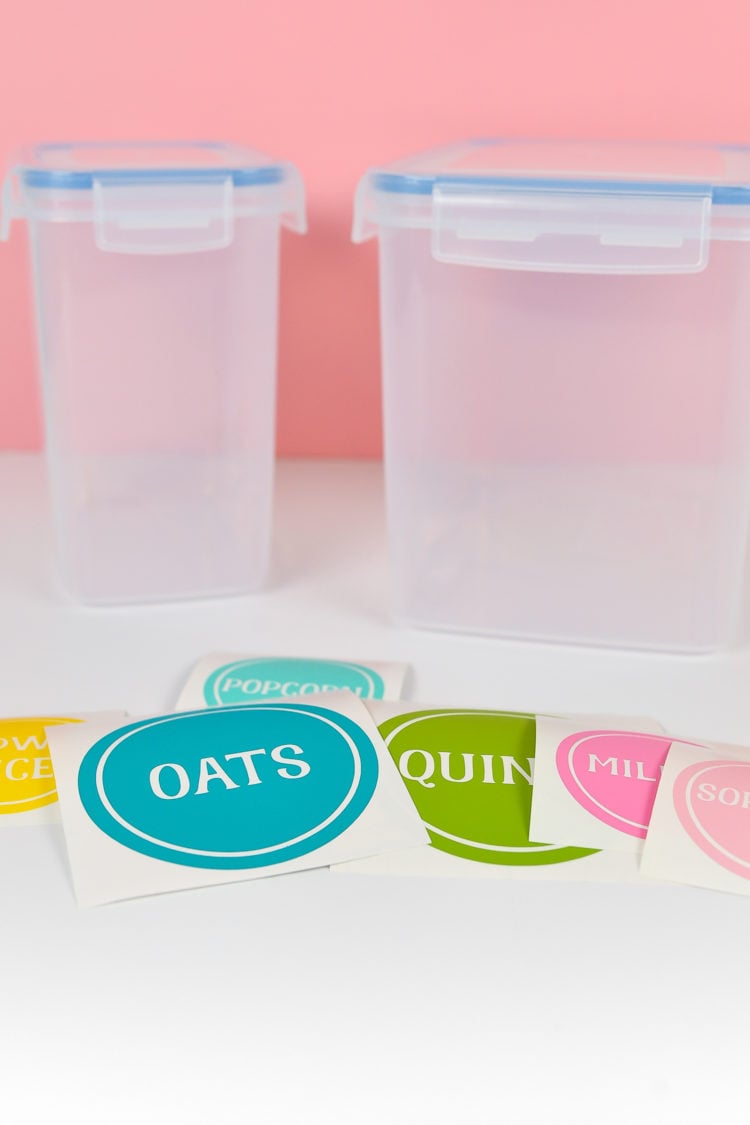 Cut labels in front of blank plastic containers