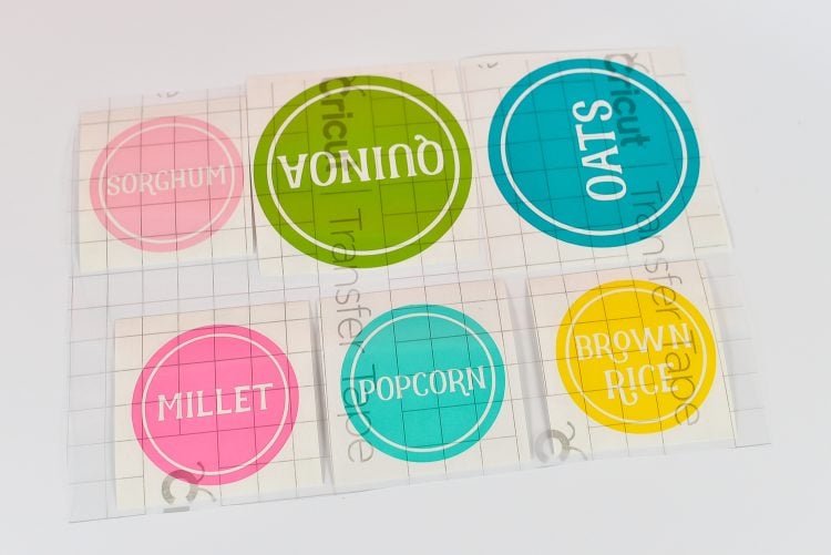 Colorful pantry fool labels attached to transfer tape