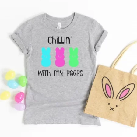 Gray t-shirt with three bunnies and the words Chillin' with my Peeps