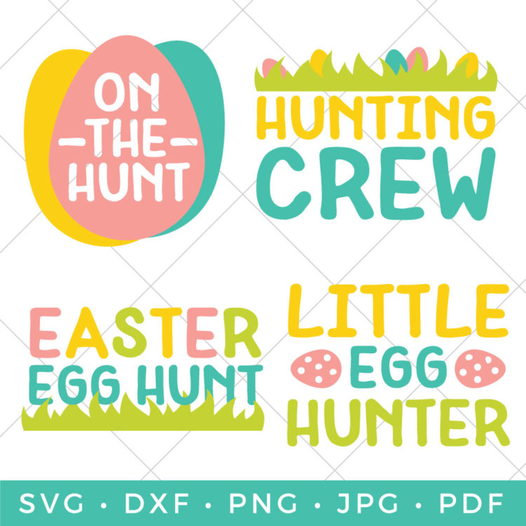 Four SVG files for Easter Egg Hunting shirts and more.