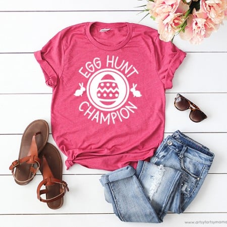 Pink t-shirt decorated with an Easter Egg and the words Egg Hunt Champion