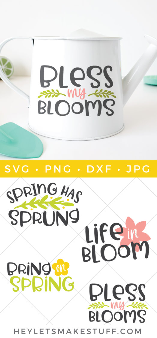 A white watering can with the saying, \"Bless My Blooms\" and Four cut files that say, \"Spring has Sprung\", \"Life in Bloom\", \"Bring Spring\" and \"Bless My Blooms\" with advertising from HEYLETSMAKESTUFF.COM