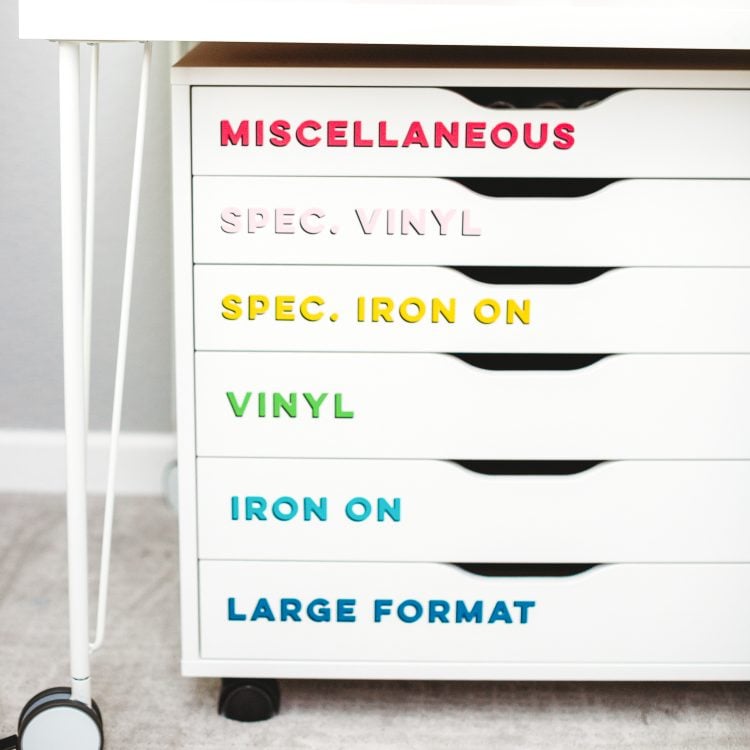 Close up of craft room labels on Alex drawers.