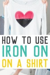 Person applying an iron on image to a white t-shirt and another picture of Cori George holding up a long-sleeved white shirt with a heart image on it that says, "Full Hands, Full Heart" with advertising on How to Use Iron On on a Shirt from HEYLETSMAKESTUFF.COM