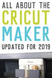 Picture of a Cricut Maker and advertising for All About the Cricut Maker Updated for 2019 by HEYLETSMAKESTUFF.COM