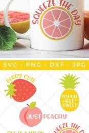 A grapefruit cut in half and a cup of coffee that has an image of a half of a grapefruit and the saying, 'Squeeze the Day" and Cut files of a strawberry with the saying, "Berry Cute", a pineapple that says, "Tough but Sweet", a peach that says, "Just Peachy", a slice of watermelon that says, "One in a Million" and a grapefruit slice that says, "Squeeze the Day" with advertising from HEYLETSMAKESTUFF.COM