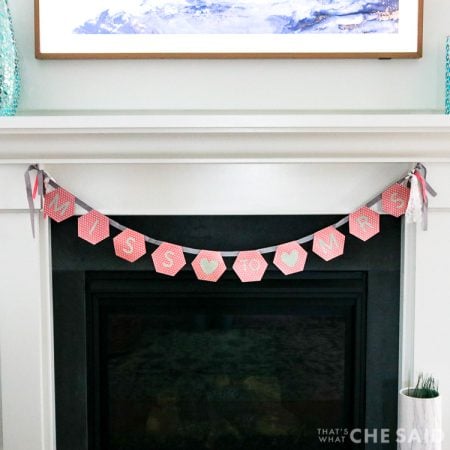 Pink Miss to Mrs banner on a fireplace