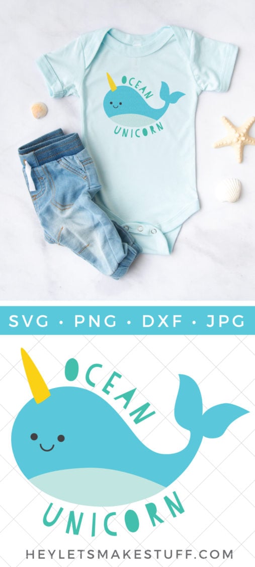 Advertisement showing seashells surrounding a pair of baby blue jeans and a light blue onesie that is decorated with a blue whale with a unicorn horn with the saying, \"Ocean Unicorn\" and the cut file of the whale by HEYLETSMAKESTUFF.COM