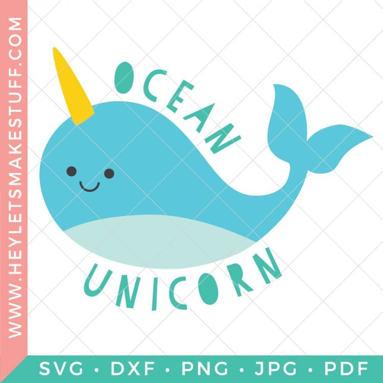 Cut file of a blue whale with a unicorn horn with the saying, \"Ocean Unicorn\"