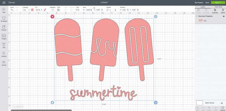 Image in Cricut Design Space of three popsicle images and the word summertime