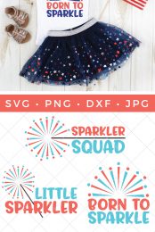 A pair of little girls sandals, an American flag pennant a blue sparkly tutu and a white t-shirt, that says, "Born to Sparkle" and 4th of July cut files that say, "Sparkler Squad", "Little Sparkler", "Born to Sparkle" and "Shake Your Sparkler" advertised by HEYLETSMAKESTUFF.COM