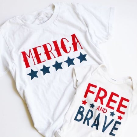 Two white t-shirts that say, "Merica" and "Free and Brave"