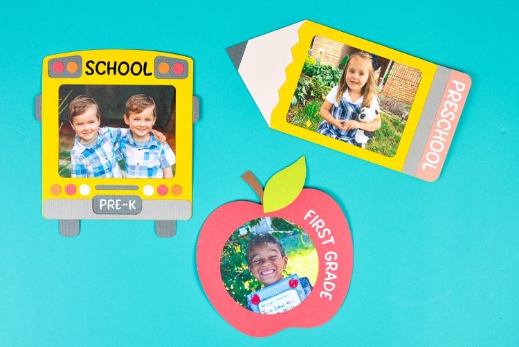 Three pictures encased in school themed frames