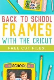 Pictures of school themed frames advertised by HEYLETSMAKESTUFF for Back-to-School Frames with the Cricut and free cut files.