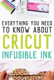 HEYLETSMAKESTUFF.COM advertising Everything You Need to Know About Cricut Infusible Ink with images of Cricut products such as Infusible ink, t-shirt, pens and more