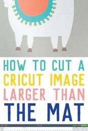 Image of a llama against a gray background and images in Cricut Design Space advertising "How to Cut a Cricut Image Larger Than the Mat" by HEYLETSMAKESTUFF.COM
